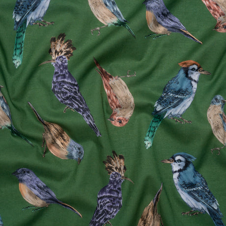 Cotton Voile - Green, Blue and Beige Little Birds - Birdsong Saunter Print - Mood Exclusive Acadia Collection