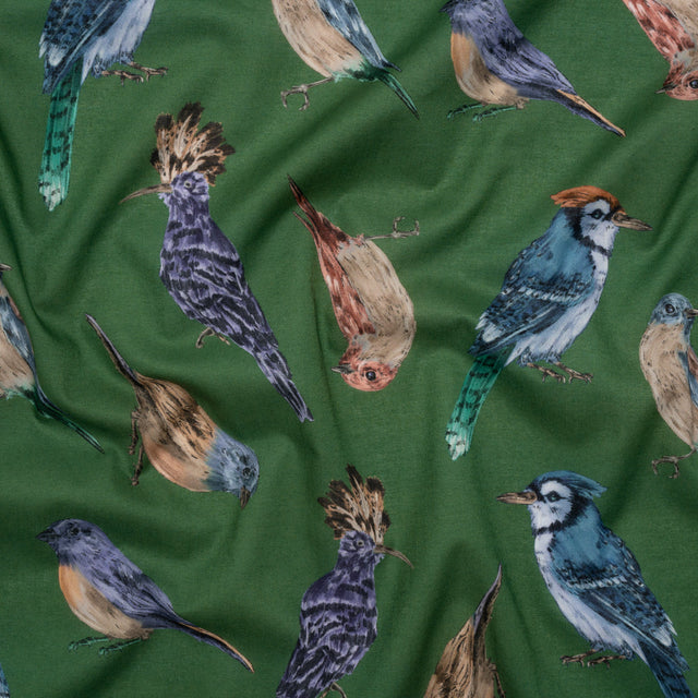 Cotton Voile - Green, Blue and Beige Little Birds - Birdsong Saunter Print - Mood Exclusive Acadia Collection