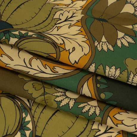 Cotton Voile - Olive Green, Teal and Mango Orange Wavy Floral Stripes - Nymph’s Harvest Print - Mood Exclusive Acadia Collection
