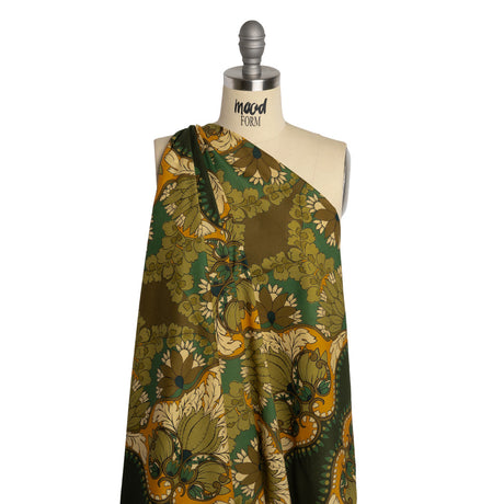 Cotton Voile - Olive Green, Teal and Mango Orange Wavy Floral Stripes - Nymph’s Harvest Print - Mood Exclusive Acadia Collection