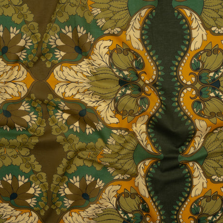 Cotton Voile - Olive Green, Teal and Mango Orange Wavy Floral Stripes - Nymph’s Harvest Print - Mood Exclusive Acadia Collection