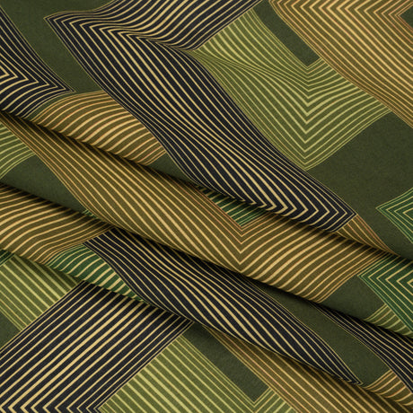 Cotton Voile - Olive and Hunter Green Geometric Lines - Hedge Maze Print - Mood Exclusive Acadia Collection