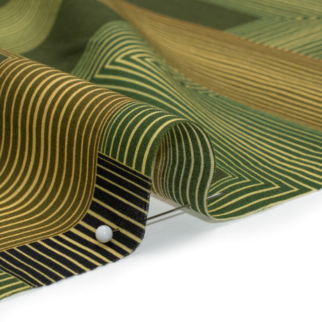 Cotton Voile - Olive and Hunter Green Geometric Lines - Hedge Maze Print - Mood Exclusive Acadia Collection