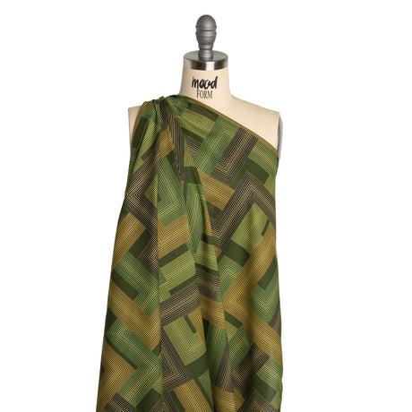 Cotton Voile - Olive and Hunter Green Geometric Lines - Hedge Maze Print - Mood Exclusive Acadia Collection