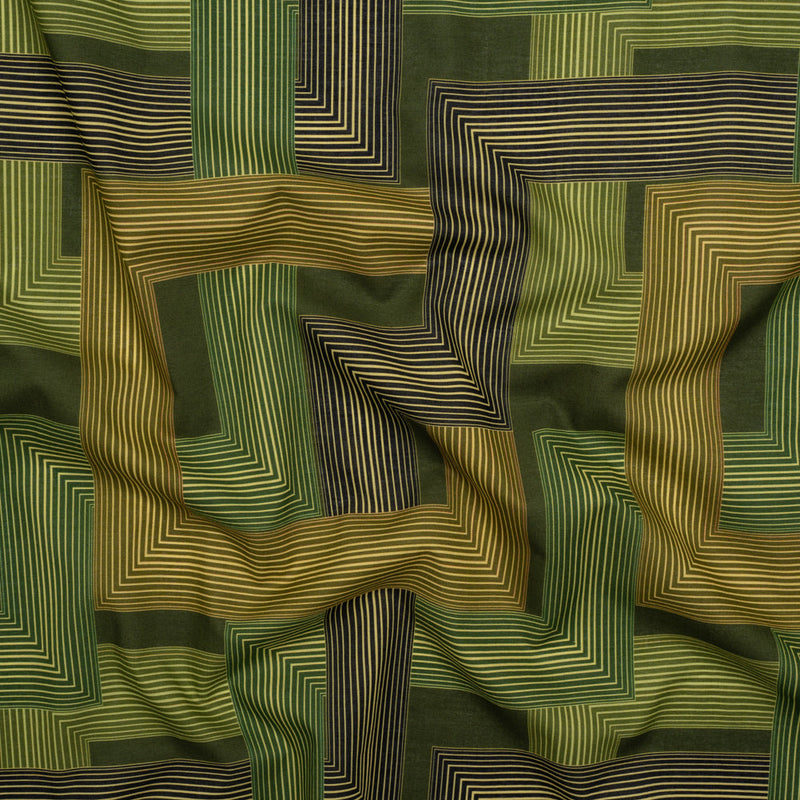 Cotton Voile - Olive and Hunter Green Geometric Lines - Hedge Maze Print - Mood Exclusive Acadia Collection