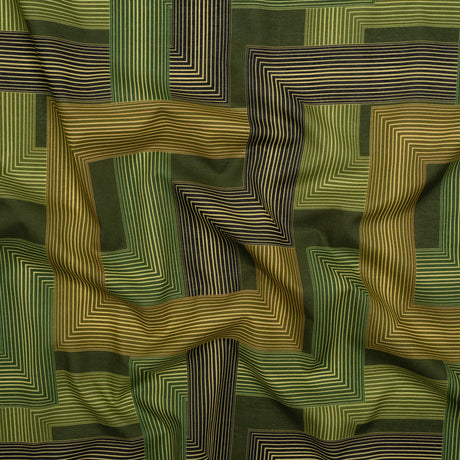 Cotton Voile - Olive and Hunter Green Geometric Lines - Hedge Maze Print - Mood Exclusive Acadia Collection
