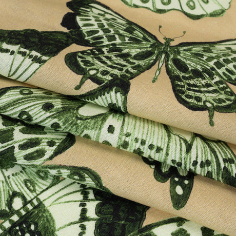 Linen and Rayon Woven - Green and Cream Butterflies - Monarch Mountain Print - Mood Exclusive Acadia Collection