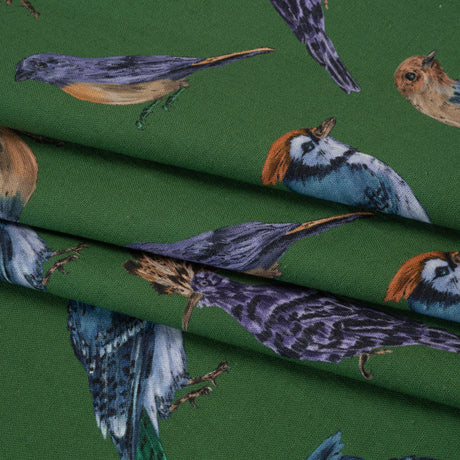 Linen and Rayon Woven - Green, Blue and Beige Little Birds - Birdsong Saunter Print - Mood Exclusive Acadia Collection