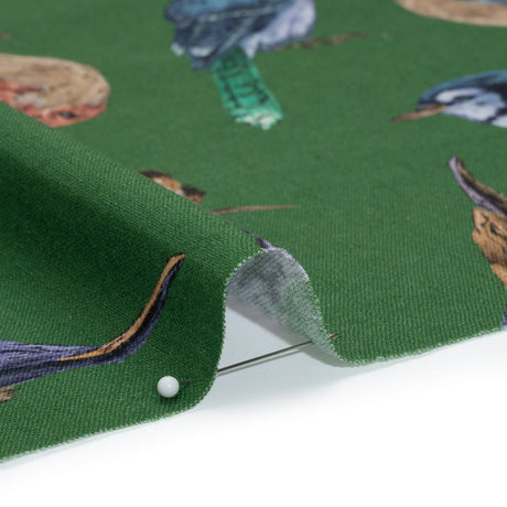 Linen and Rayon Woven - Green, Blue and Beige Little Birds - Birdsong Saunter Print - Mood Exclusive Acadia Collection