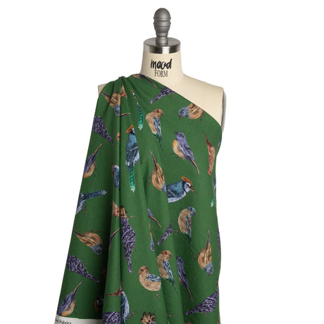 Linen and Rayon Woven - Green, Blue and Beige Little Birds - Birdsong Saunter Print - Mood Exclusive Acadia Collection