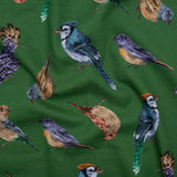 Linen and Rayon Woven - Green, Blue and Beige Little Birds - Birdsong Saunter Print - Mood Exclusive Acadia Collection