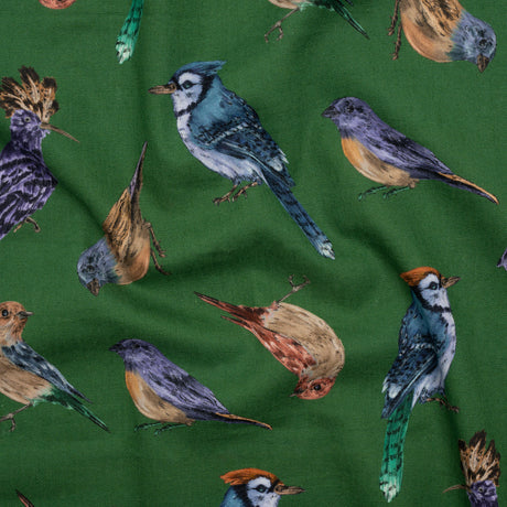 Linen and Rayon Woven - Green, Blue and Beige Little Birds - Birdsong Saunter Print - Mood Exclusive Acadia Collection