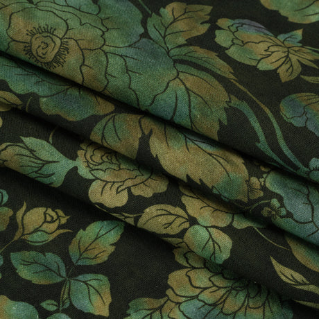 Linen and Rayon Woven - Green, Olive and Navy Floral - Secret Garden Print - Mood Exclusive Acadia Collection