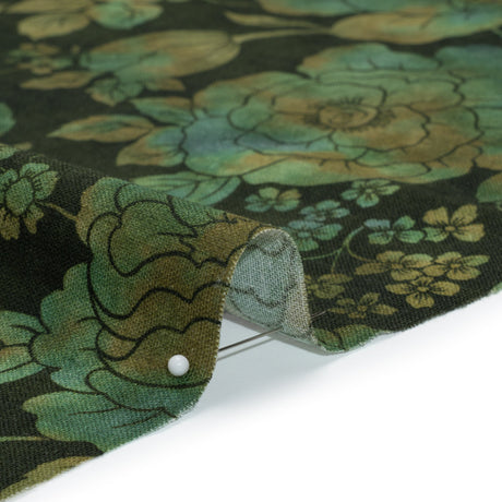 Linen and Rayon Woven - Green, Olive and Navy Floral - Secret Garden Print - Mood Exclusive Acadia Collection
