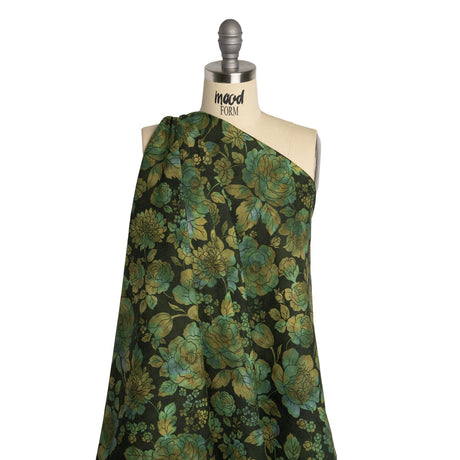 Linen and Rayon Woven - Green, Olive and Navy Floral - Secret Garden Print - Mood Exclusive Acadia Collection