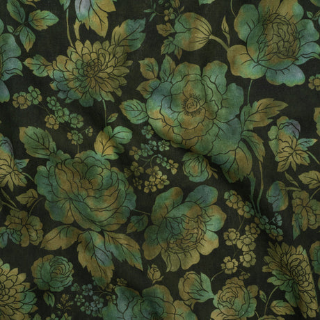 Linen and Rayon Woven - Green, Olive and Navy Floral - Secret Garden Print - Mood Exclusive Acadia Collection