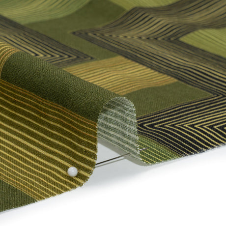 Linen and Rayon Woven - Olive and Hunter Green Geometric Lines - Hedge Maze Print - Mood Exclusive Acadia Collection