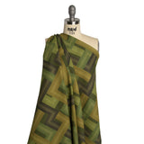 Linen and Rayon Woven - Olive and Hunter Green Geometric Lines - Hedge Maze Print - Mood Exclusive Acadia Collection