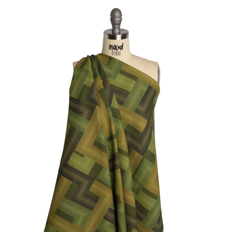 Linen and Rayon Woven - Olive and Hunter Green Geometric Lines - Hedge Maze Print - Mood Exclusive Acadia Collection