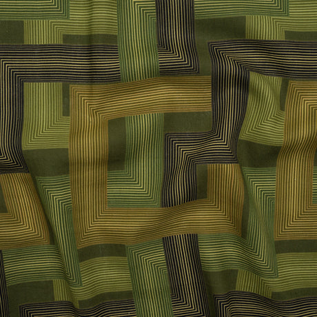 Linen and Rayon Woven - Olive and Hunter Green Geometric Lines - Hedge Maze Print - Mood Exclusive Acadia Collection