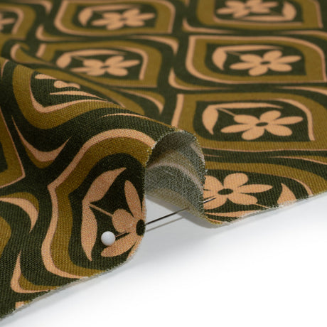 Linen and Rayon Woven - Olive, Hunter Green, and Beige Floral Ogees - Woodland Blooms Print - Mood Exclusive Acadia Collection
