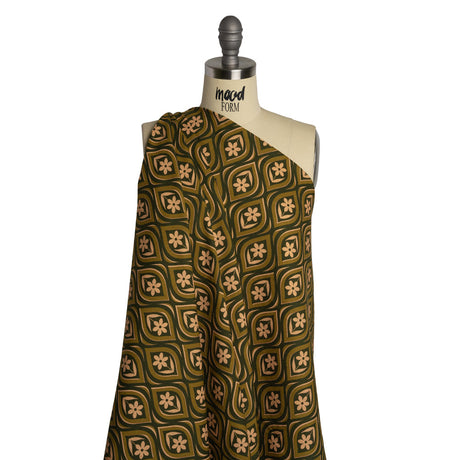Linen and Rayon Woven - Olive, Hunter Green, and Beige Floral Ogees - Woodland Blooms Print - Mood Exclusive Acadia Collection
