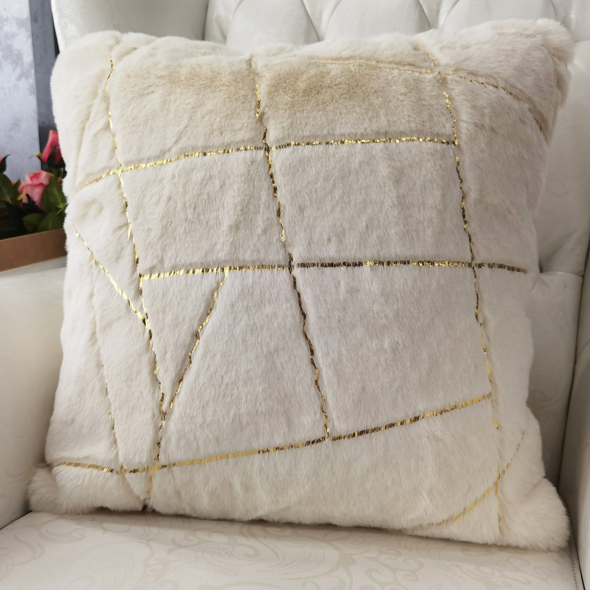 Golden Faux Fur Glow Fluffy Pillow Polyester Fabric - Black Moon With Gold Foil, 20" X 20" (1 Pillow)