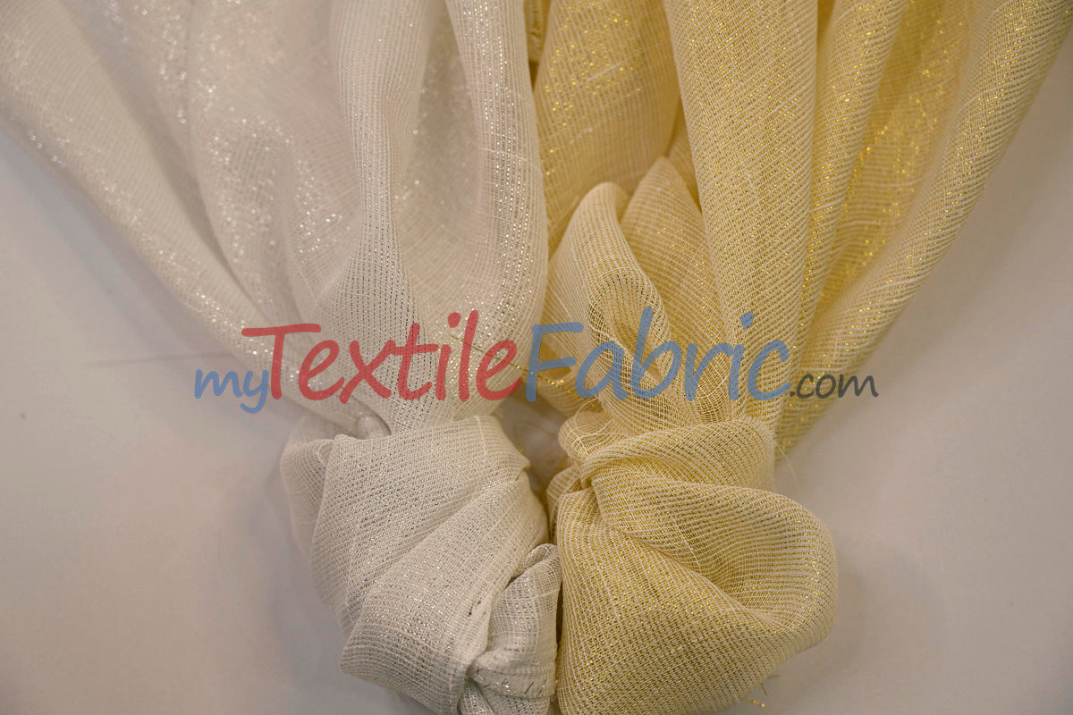 Extra Wide Metallic Faux Sheer Linen Fabric - Ivory Gold, White Silver, 108" Wide (Yards)