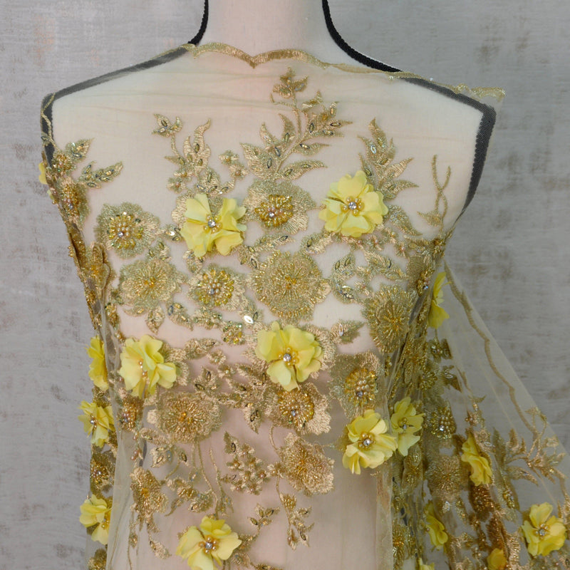 Gold Bridal Lace Metallic Gold Embroidery Lace Fabric - Floral Lace, Sequins Embellishments, 50/51" Wide (Yards)