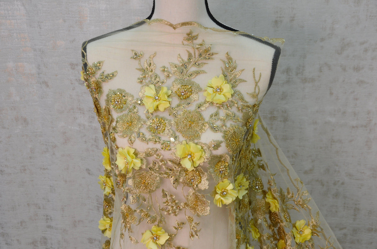 Gold Bridal Lace Metallic Gold Embroidery Lace Fabric - Floral Lace, Sequins Embellishments, 50/51" Wide (Yards)