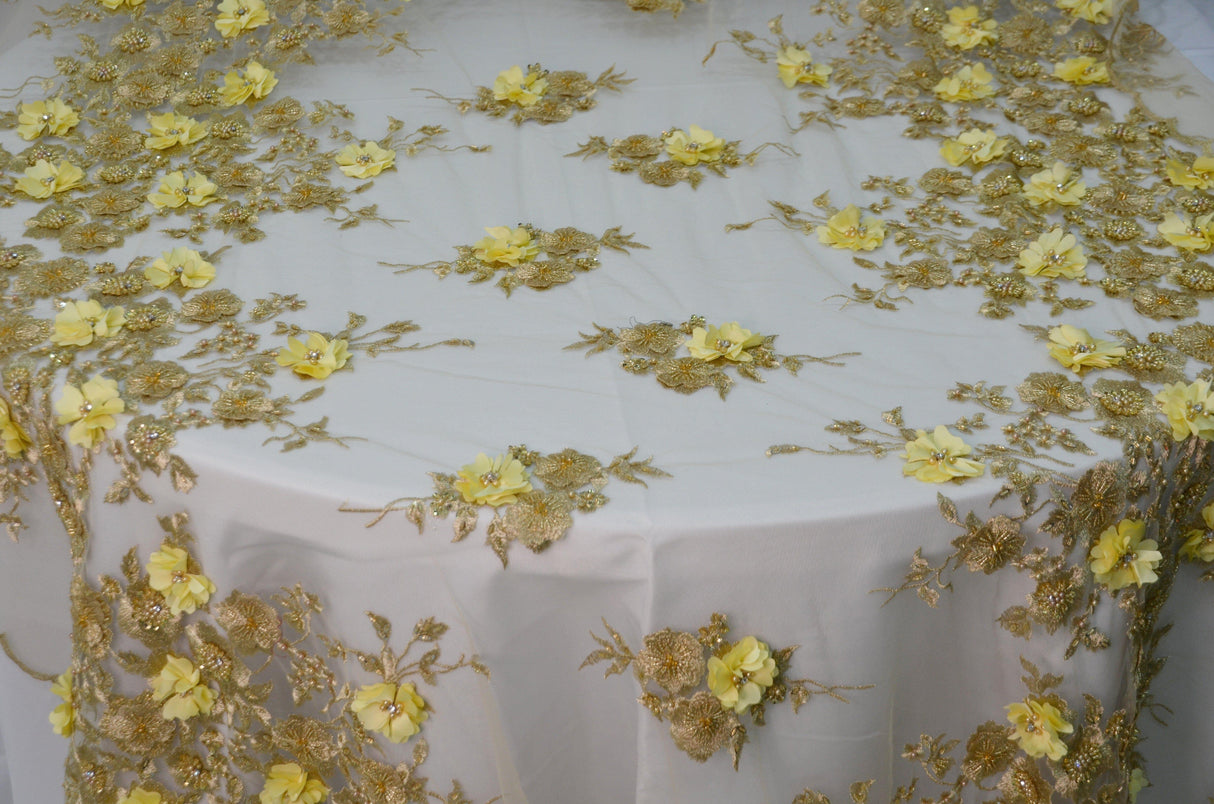 Gold Bridal Lace Metallic Gold Embroidery Lace Fabric - Floral Lace, Sequins Embellishments, 50/51" Wide (Yards)