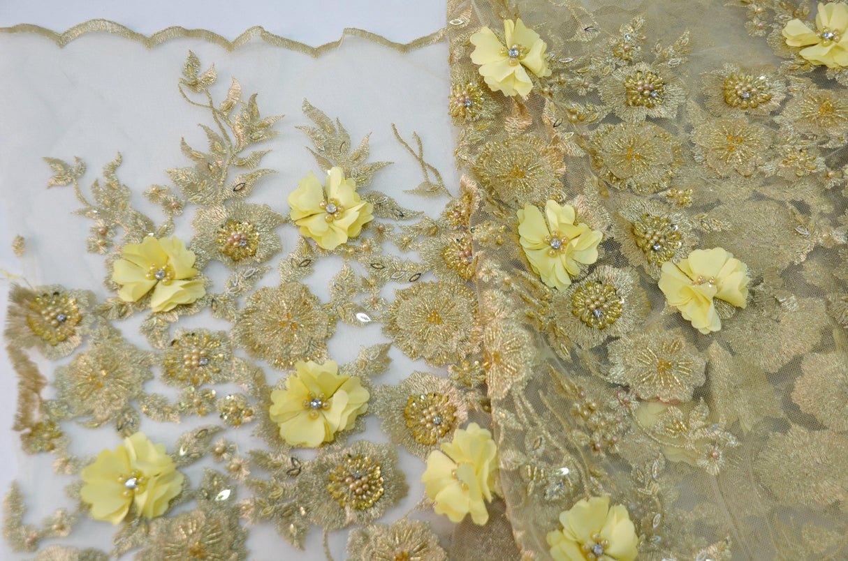 Gold Bridal Lace Metallic Gold Embroidery Lace Fabric - Floral Lace, Sequins Embellishments, 50/51" Wide (Yards)
