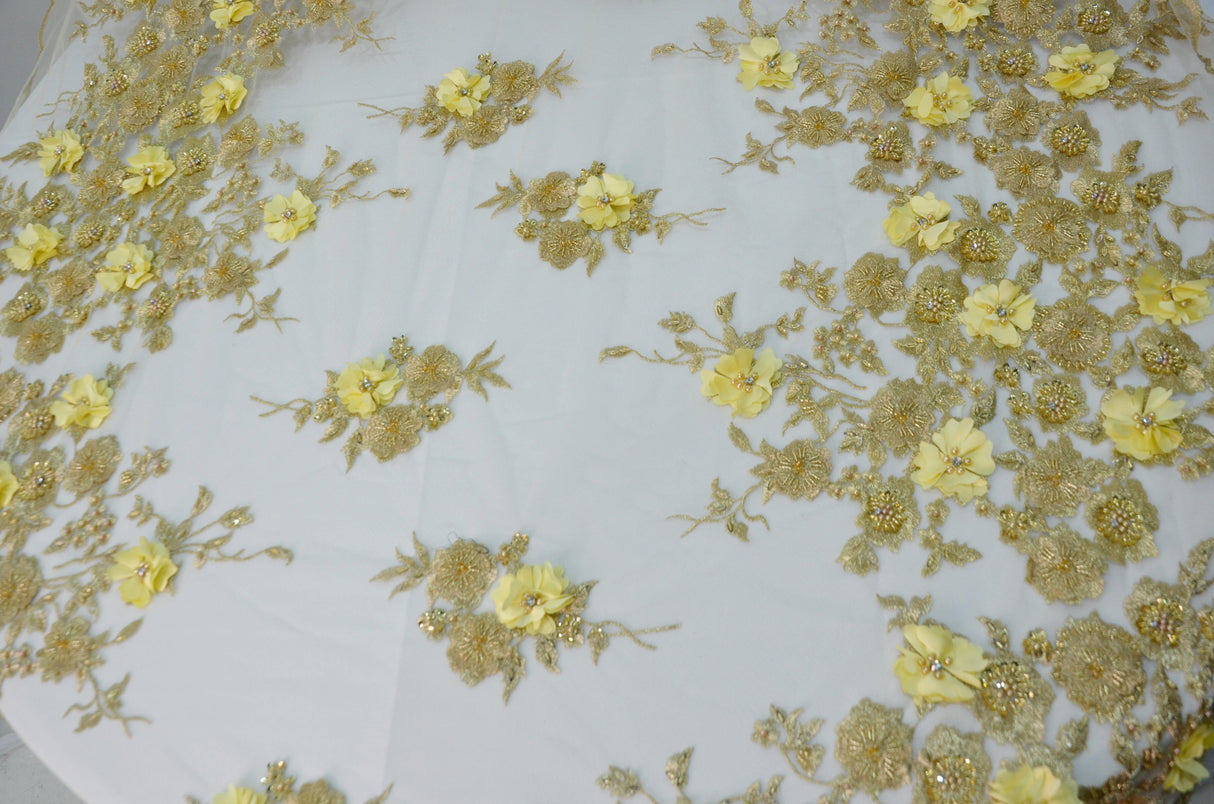 Gold Bridal Lace Metallic Gold Embroidery Lace Fabric - Floral Lace, Sequins Embellishments, 50/51" Wide (Yards)
