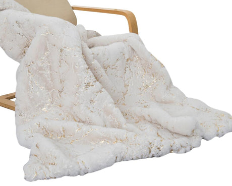 Metallic Golden Scattered Shimmery Design Faux Rabbit Touch Soft Throw Blanket - Polyester Fabric, White Scattered, 50" X 60" (1 Piece)