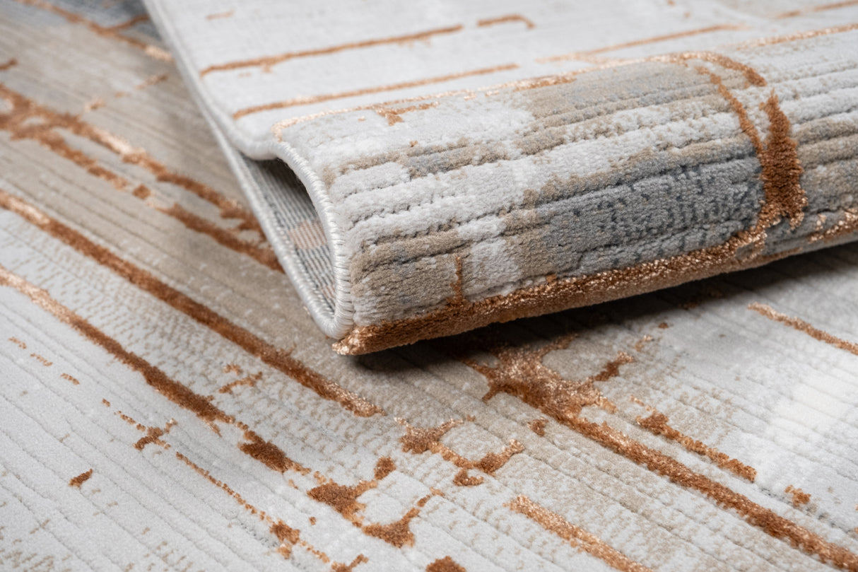 METZ 4203 Polyester Viscose Fabric - Creme, Charcoal, Silver, Mocha Abstract Geometric High-Low Texture, 9' 8" x 13' (1 Rug)