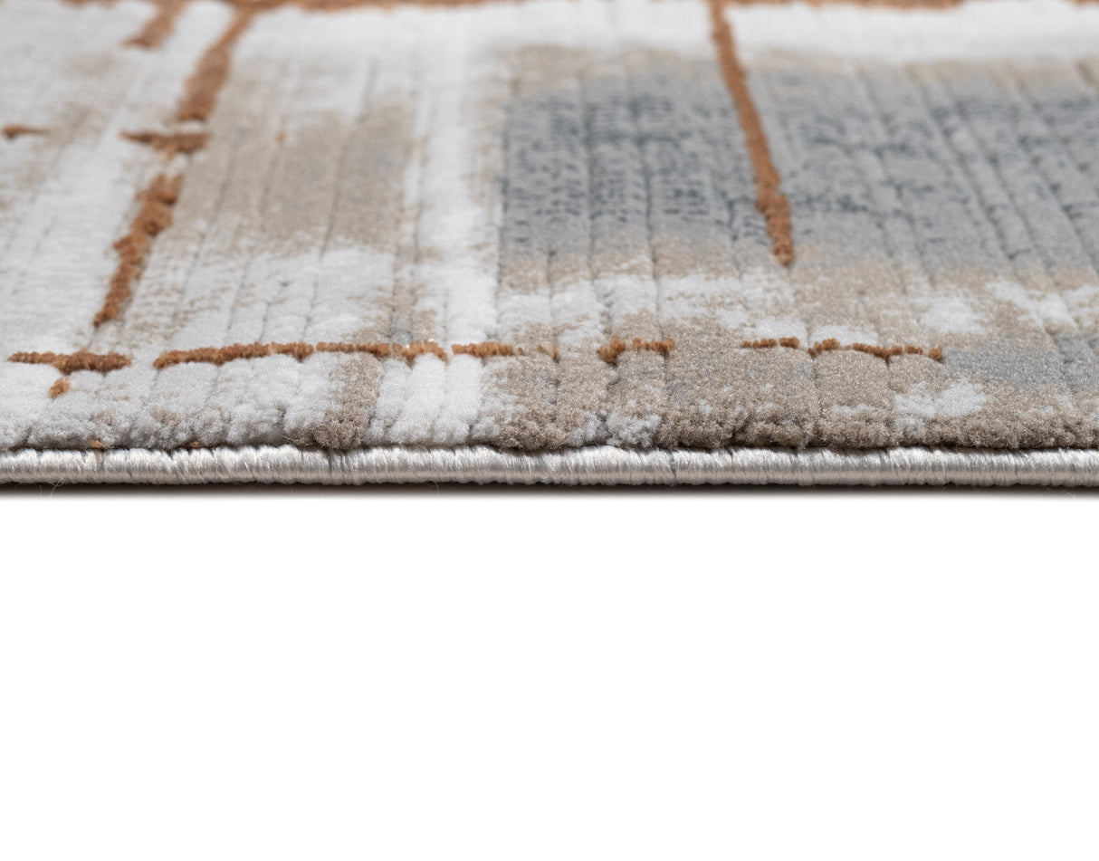 METZ 4203 Polyester Viscose Fabric - Creme, Charcoal, Silver, Mocha Abstract Geometric High-Low Texture, 9' 8" x 13' (1 Rug)