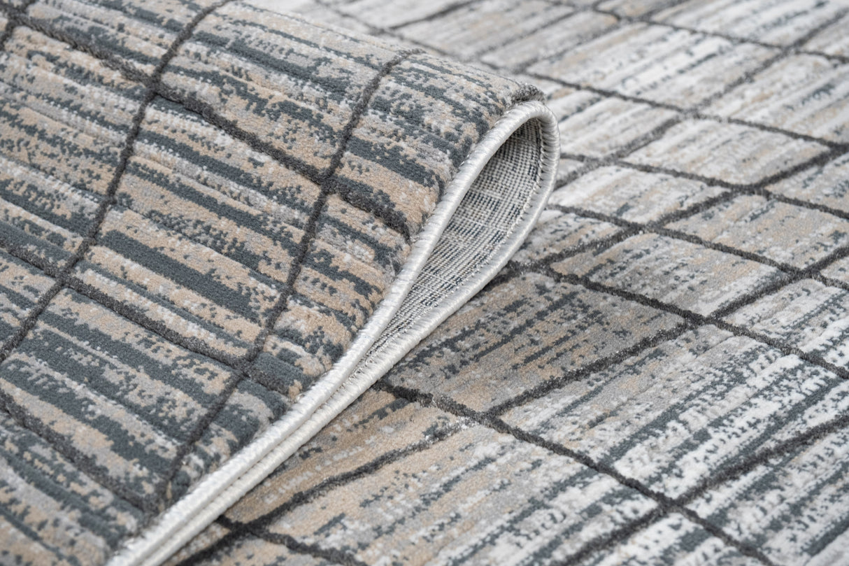 METZ 4204 Area Rug - Creme, Mocha, Beige Abstract Design, Charcoal Checker High-Low Pattern, 9' 8" X 13' (1 Unit)