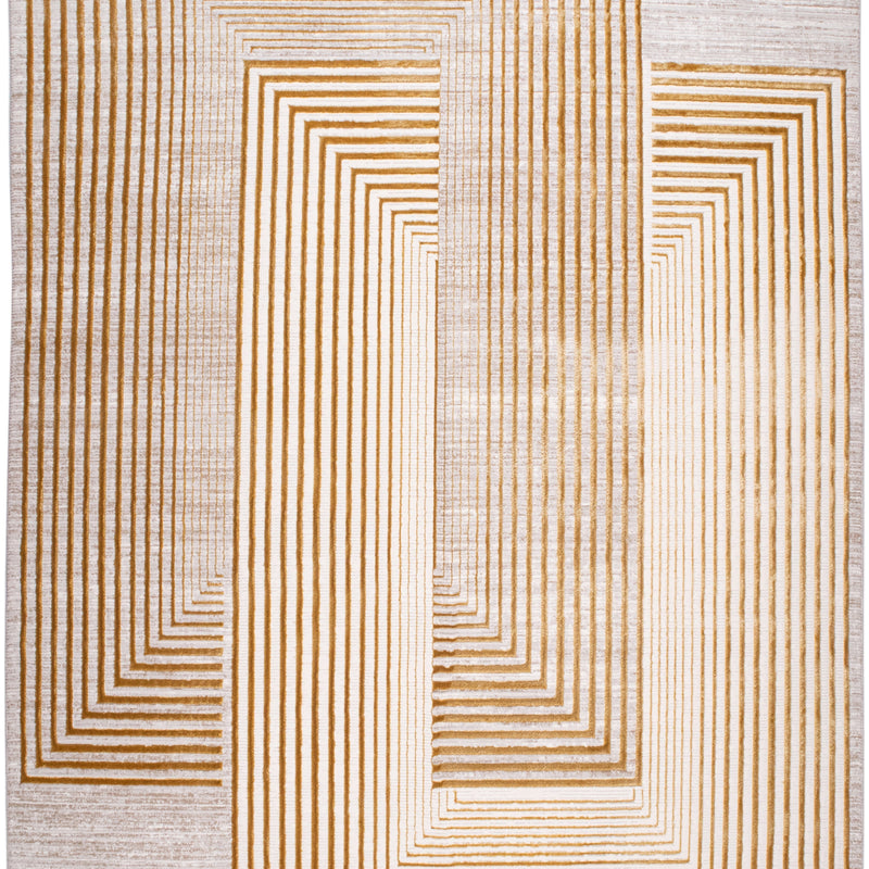 METZ 4207 Polyester Viscose Fabric - Abstract Crème Beige, Gold Bronze Geometrical Double Stacked Square High-Low Design, 9' 8" X 13' (1 Unit)