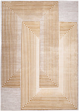 METZ 4207 Polyester Viscose Fabric - Abstract Crème Beige, Gold Bronze Geometrical Double Stacked Square High-Low Design, 9' 8" X 13' (1 Unit)
