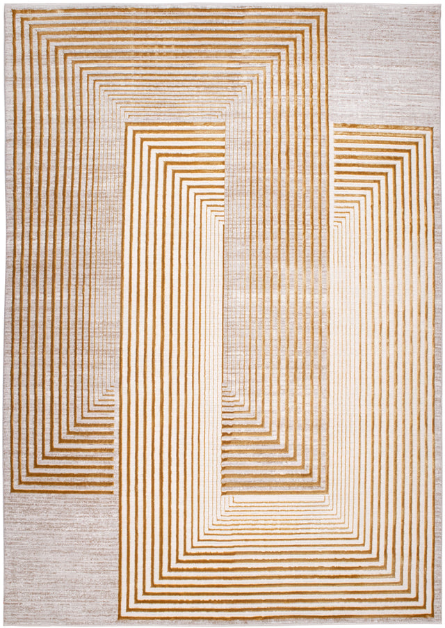 METZ 4207 Polyester Viscose Fabric - Abstract Crème Beige, Gold Bronze Geometrical Double Stacked Square High-Low Design, 9' 8" X 13' (1 Unit)