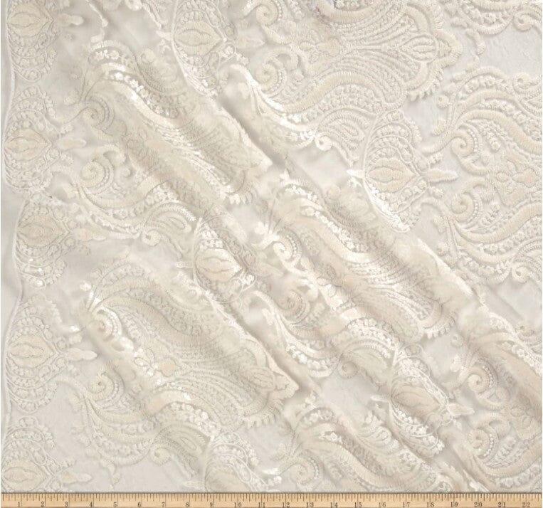 Medallion Bridal Lace Polyester Fabric - Sequins Damask Embroidery, Sheer White, 52" Width (1 Yard)
