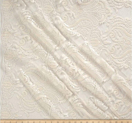 Medallion Bridal Lace Polyester Fabric - Sequins Damask Embroidery, Sheer White, 52" Width (1 Yard)