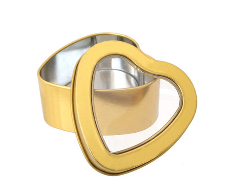 2.5" Gold Heart Shape Windowed Candy Tin Can - Pack of 12