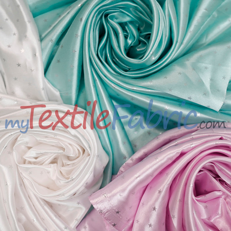 Mini Star Silky Satin Fabric - 100 Percent Polyester Fabric, White Pink Mint, 58/60" Width (1 Yard)