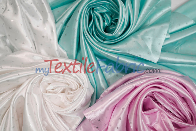 Mini Star Silky Satin Fabric - 100 Percent Polyester Fabric, White Pink Mint, 58/60" Width (1 Yard)