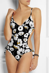 Swim Knit Daisies on Black Poly Spandex