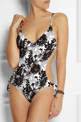 Swim Knit Poly Spandex Black and White Floral Bunches