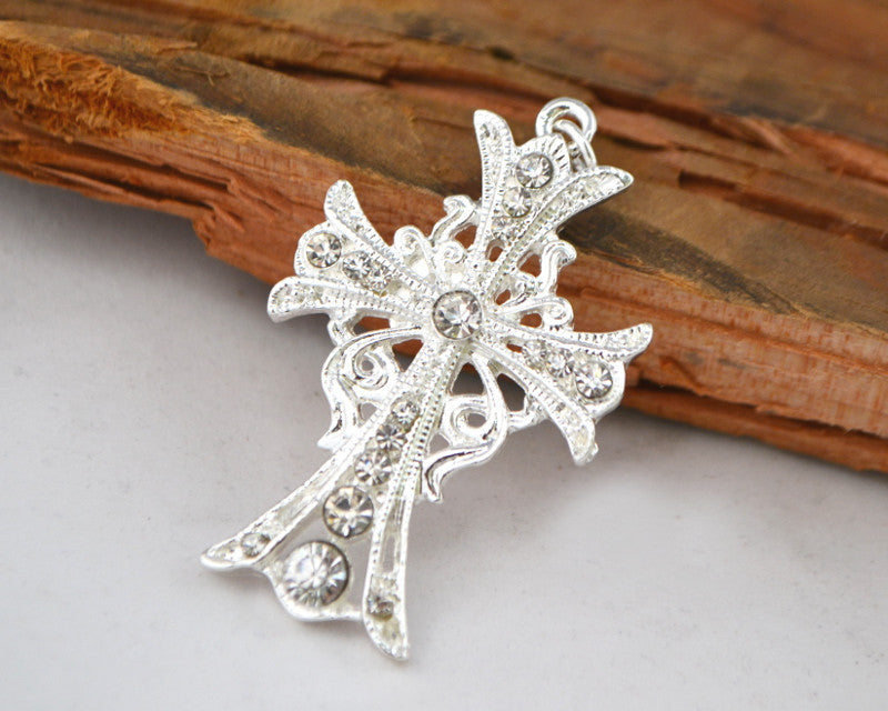 2" Metal Cross Pendants with Rhinestones in Silver - Pack of 10 Pieces