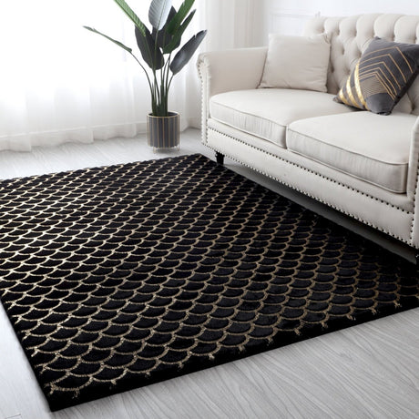 Enchanting Black Mermaid Half Moon Faux Fur Rug - Shimmery Golden Metallic, Black Moon (7'6" X 10'3")