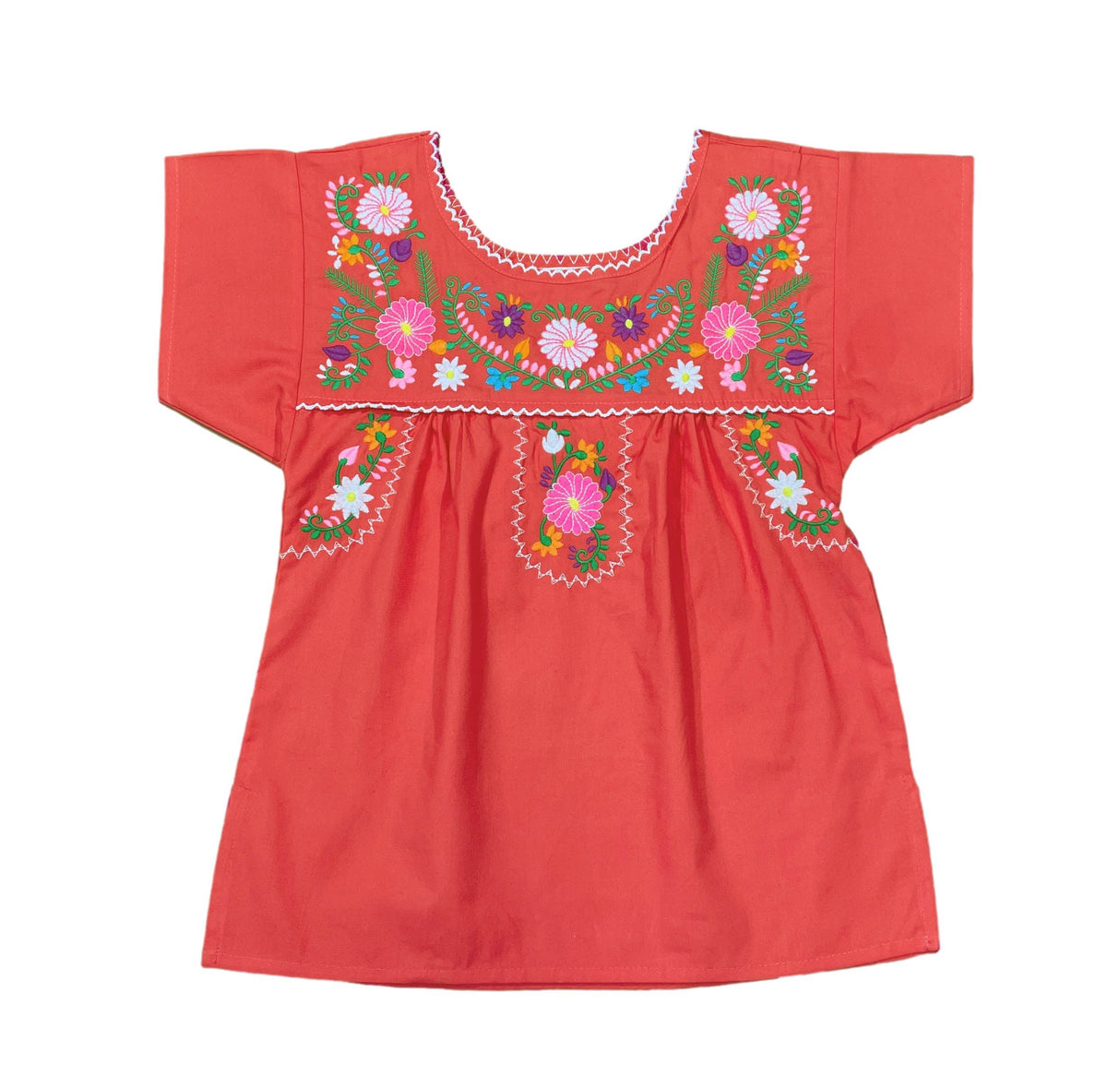 Traditional Puebla Mexican Youth Girl Embroidered Cotton Blouse - Colorful Embroidery, Size 4-14 (1 Piece)